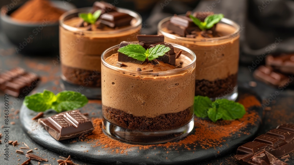 Three desserts, each garnished with chocolate and mint, gracefully arranged on a sleek black plate Spoons accompany them, ready for indulgence Three desserts, each garnished with chocolate and mint, gracefully arranged on a sleek black plate Spoons accompany them, ready for indulgence