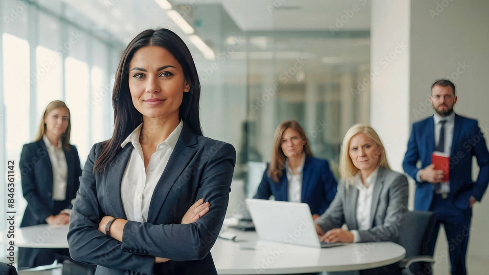 Portrait of confident businesswoman standing in office with colleagues in background Portrait of confident businesswoman standing in office with colleagues in background