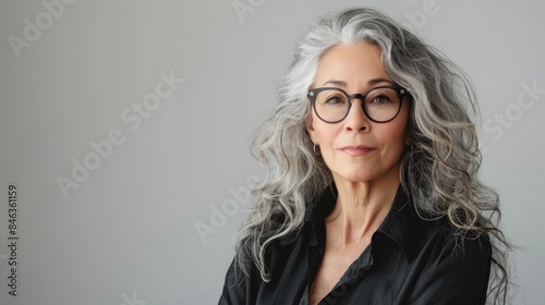 Portrait of mature business woman smile while standing against white background