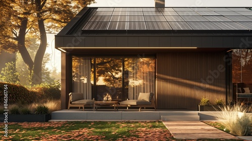 Surburban modern passive house with solar panels and wooden seats at golden hour photo