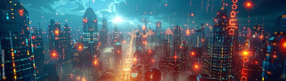 Fototapeta premium A futuristic cityscape of interconnected data servers floating in the sky, symbolizing digital storage and tech infrastructure