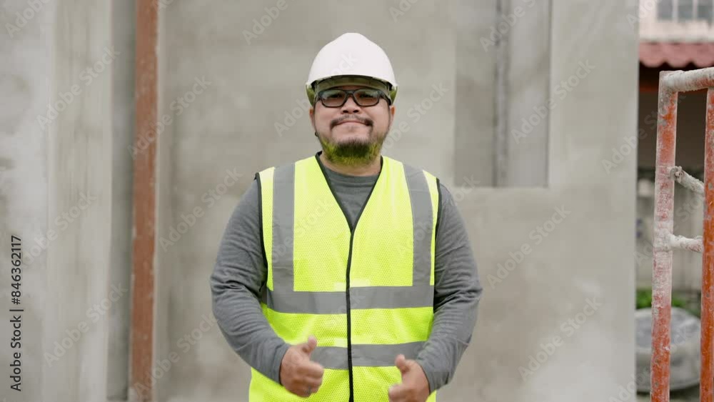 Excellent smiling Asian worker in safety vest putting white helmet and showing two thumps up. Confident professional male worker stands outdoor in front unfinished cement building with good attitude Excellent smiling Asian worker in safety vest putting white helmet and showing two thumps up. Confident professional male worker stands outdoor in front unfinished cement building with good attitude