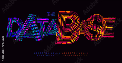 Futuristic colorful dashed stroke alphabet, vibrant bold heavy letters, glowing dotted line font for bright modern tech logo, standout headline, contemporary typography. Bright colorful typography