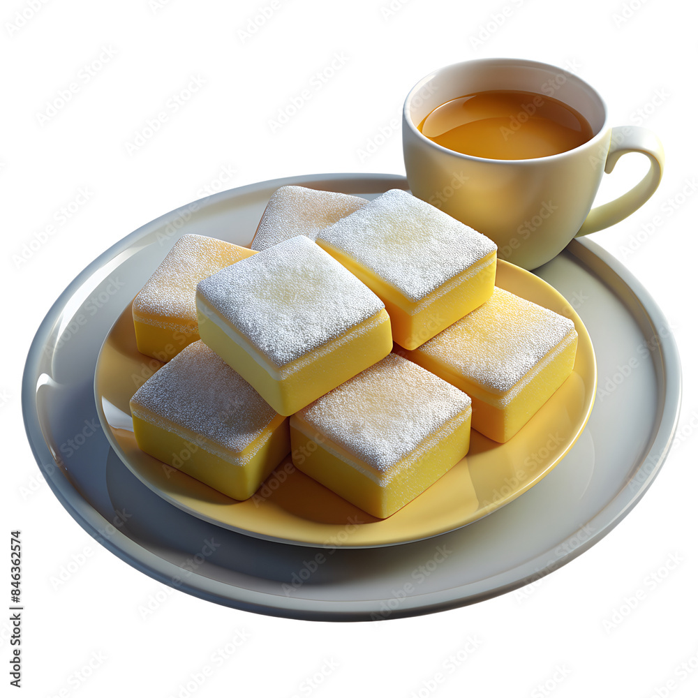 3d render of plate of lemon bars dusted with powdered sugar, set on a white plate with a cup of tea 3d render of plate of lemon bars dusted with powdered sugar, set on a white plate with a cup of tea