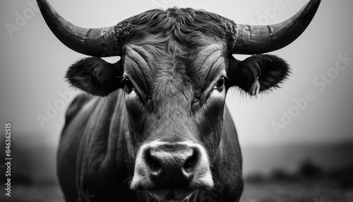 Intense close-up of a black bull looking directly at the camera with a blurred background in monochrome photo