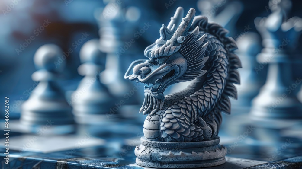 The concept of China's business tech is illustrated by a dragon chess piece with an economy element on it
