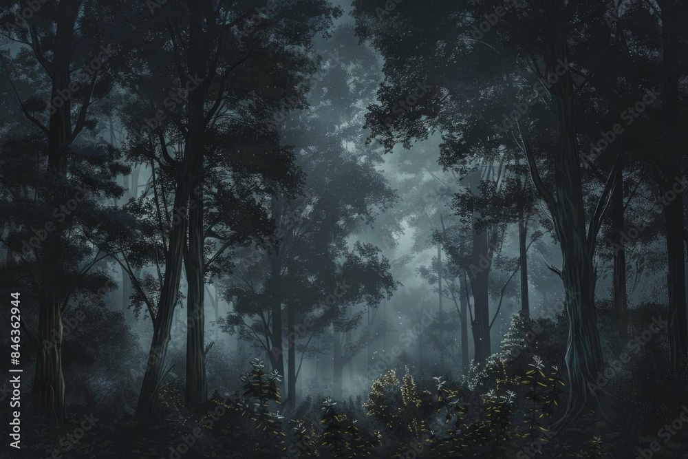 Obraz premium Misty Trees in Woodland Scenery