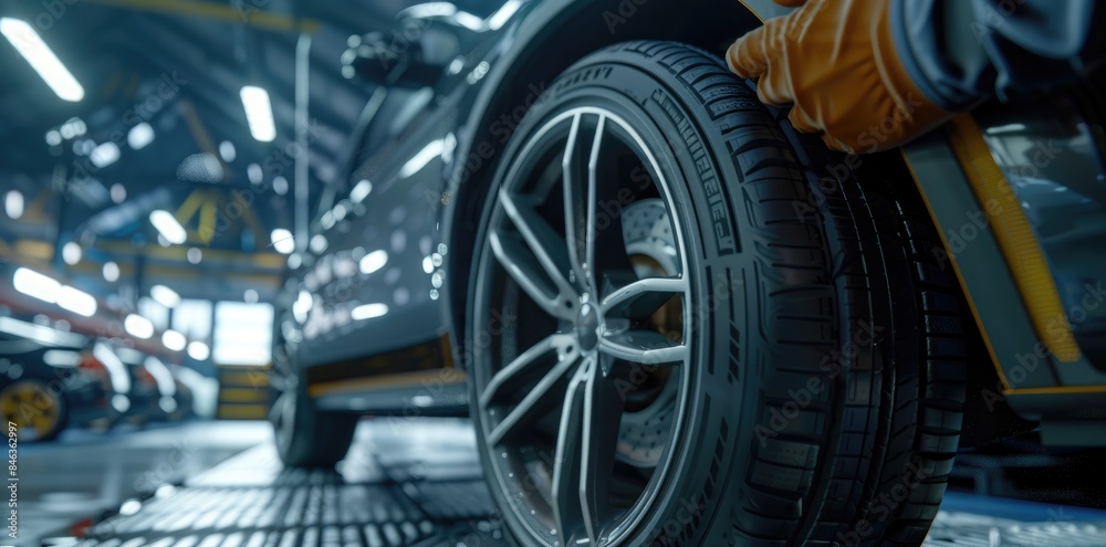 Car mechanic working in garage and changing wheel alloy tire. Repair or maintenance auto service Car mechanic working in garage and changing wheel alloy tire. Repair or maintenance auto service