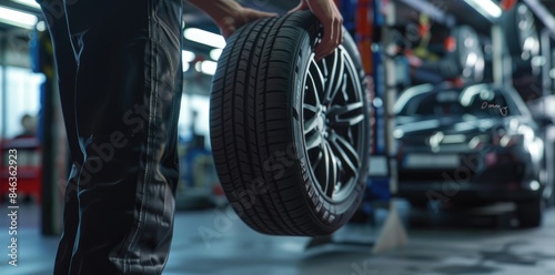 Car mechanic working in garage and changing wheel alloy tire. Repair or maintenance auto service