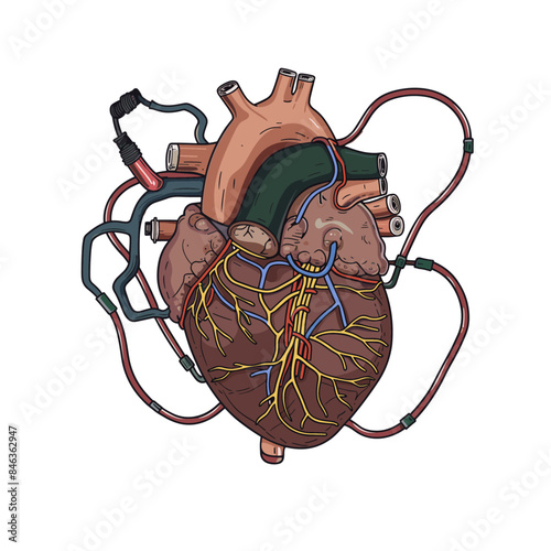 An heart with an artificial chamber, connected wires and pipes, in the style of cartoon clip art