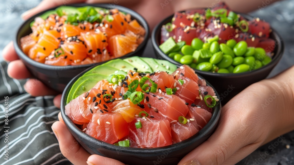 A tight shot of three bowls of food in someone's hands, surrounded by additional bowls in the background A tight shot of three bowls of food in someone's hands, surrounded by additional bowls in the background