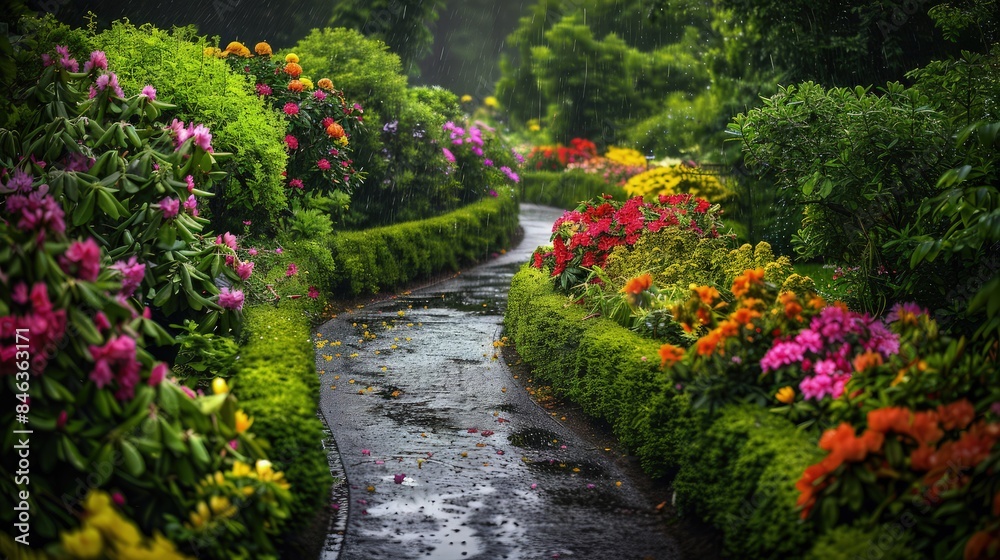 Obraz premium A meandering stream flows through a lush, vibrant garden pathway bordered by densely planted, colorful flowering shrubs and rich green foliage.