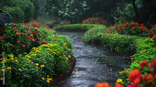A vibrant cottage garden during a rainfall, with thick bushes of blooming flowers along curved paths, making the colors appear more saturated and the garden more enchanting.