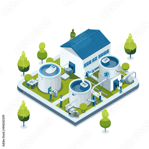 A water treatment plant is depicted in an illustrated style, with two large circular tanks filled with clear blue liquid
