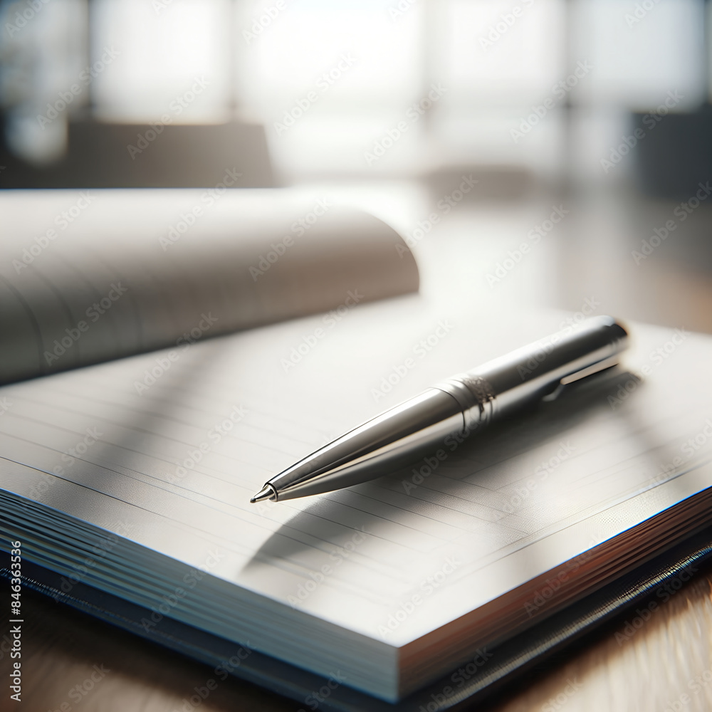 Sleek silver pen on notebook in a minimalist office setting. Journal, Planning, Writing. Sleek silver pen on notebook in a minimalist office setting. Journal, Planning, Writing.
