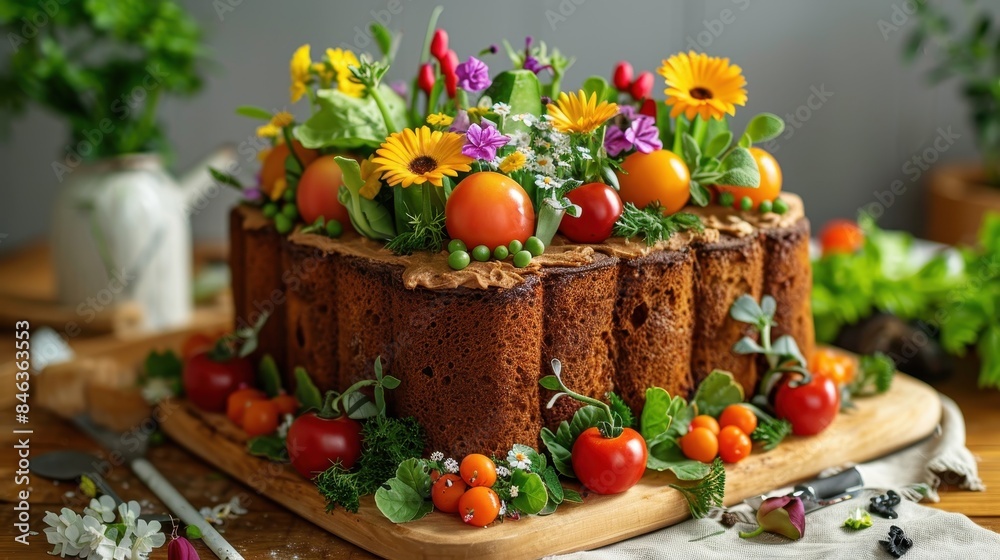 A cake with a variety of fruits and vegetables on top, including tomatoes A cake with a variety of fruits and vegetables on top, including tomatoes
