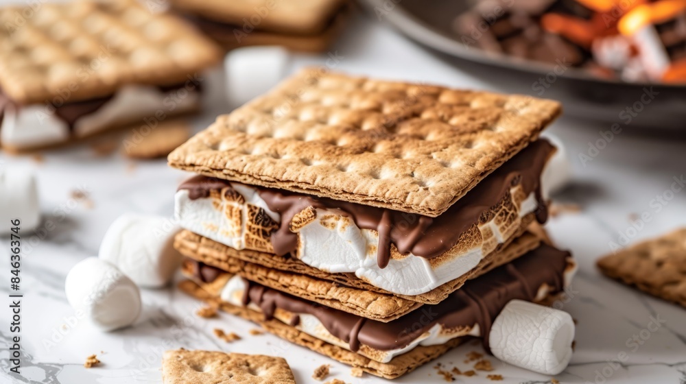 A stack of S'mores atop a table, nearby is a bowl brimming with marshmallows A stack of S'mores atop a table, nearby is a bowl brimming with marshmallows