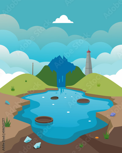 The onceglistening surface of the reservoir is now marred with a thick layer of trash and waste.. Vector illustration