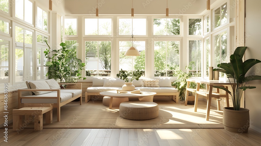 A sunroom with a minimalist Scandinavian style, featuring light wood furniture, neutral tones, and large windows allowing natural light to flood the space A sunroom with a minimalist Scandinavian style, featuring light wood furniture, neutral tones, and large windows allowing natural light to flood the space