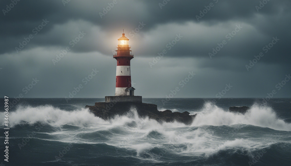 A lighthouse standing tall against a stormy sea 
