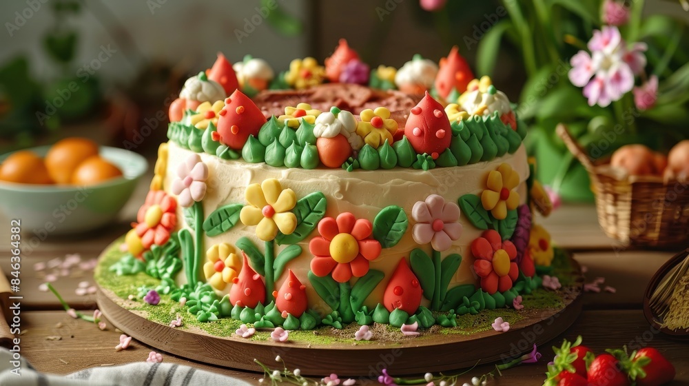 A cake with flowers and leaves on top of it