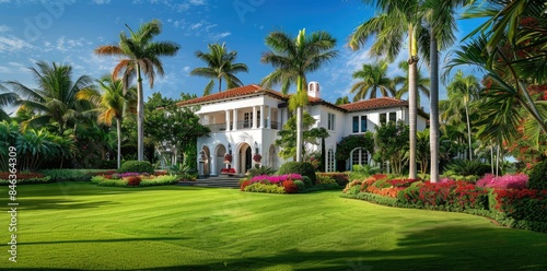 A beautiful and luxury house with spacious front yard and garden in tropical palm trees showcasing modern architectural design, stone Path palm trees, blue sky and Nature.