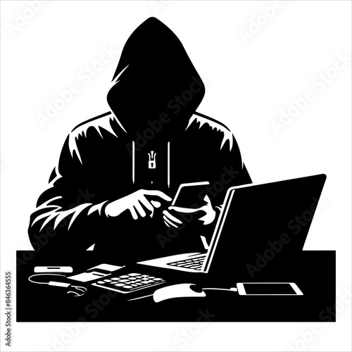 Hacker with a laptop, hacking the Internet, concept vector illustration