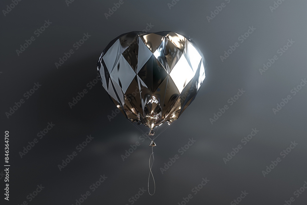 A balloon shaped like a diamond, with a faceted surface reflecting light in various directions, against a plain dark grey background.