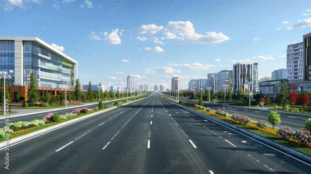 A wide, empty highway in a bustling city, with a line of contemporary commercial buildings on one side and a manicured greenway with seasonal flowers and trees on the other.