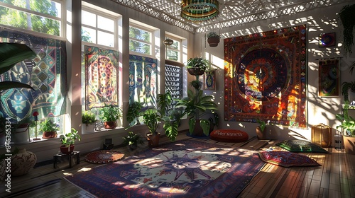 A sunroom with a modern bohemian style, decorated with colorful tapestries, hanging plants, and sunlight casting intricate shadow patterns © Sana