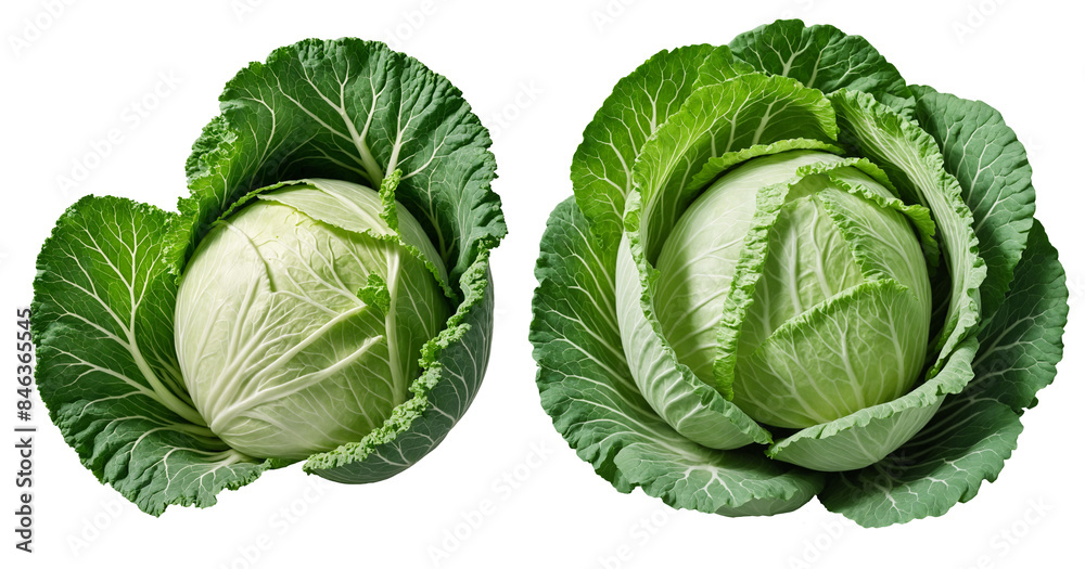Fototapeta premium Two whole green cabbages with large leaves, png isolated background