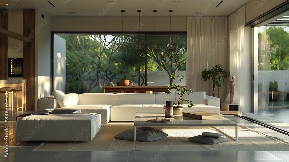 Fototapeta premium A modern living room with a bright and airy feel, featuring contemporary furniture and ample natural light, captured in high definition