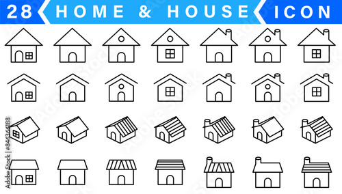 Collection home icons. House symbol. Set of real estate objects and houses black icons isolated on white background. Vector illustration photo