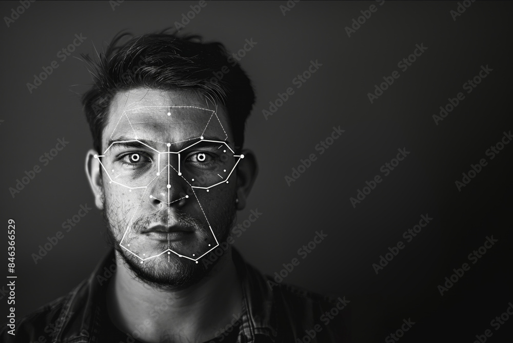 Security camera view of a person's face being outlined and matched to an ID photo for entry permission. Security camera view of a person's face being outlined and matched to an ID photo for entry permission.