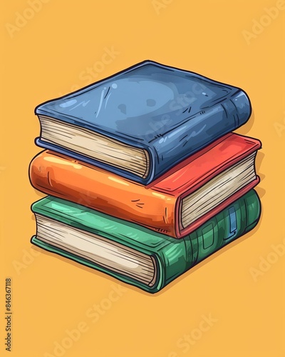 A stack of four books with blue, red, green and orange covers. photo