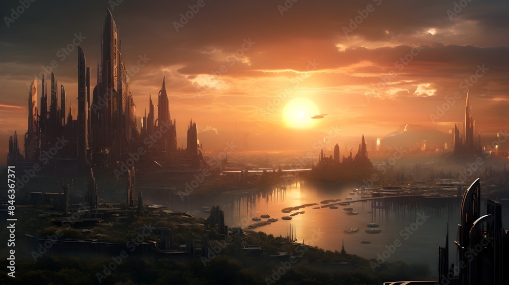 Breathtaking Futuristic City Skyline Painted in Vibrant Sunset Hues with Fantasy Sci-Fi Skyscrapers Breathtaking Futuristic City Skyline Painted in Vibrant Sunset Hues with Fantasy Sci-Fi Skyscrapers