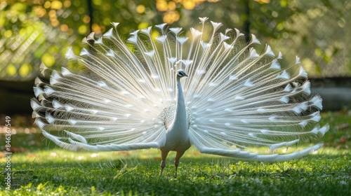 White peacock in the zoo on grass is a bird