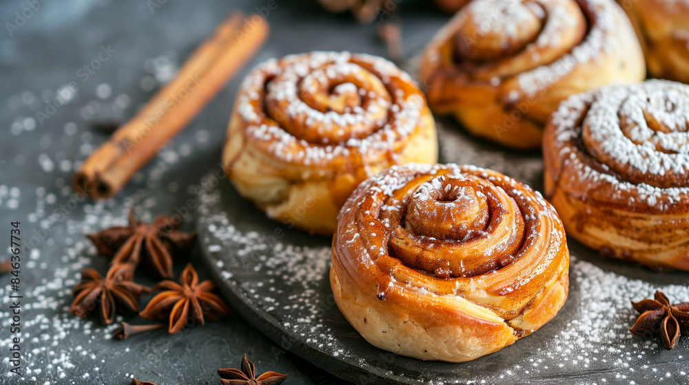 Homemade fresh baked cinnamon rolls with cinnamon sticks and sugar Homemade fresh baked cinnamon rolls with cinnamon sticks and sugar