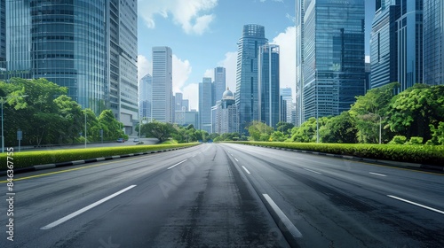 An empty highway road stretching through a city  with towering modern skyscrapers on one side and a lush green park on the other  creating a contrast between urban and natural landscapes.