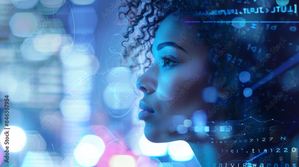 Thoughtful American Woman with Curly Hair, Double Exposure with Code and Data Visualizations in Vibrant Blue Hues, Illuminated by City Lights.