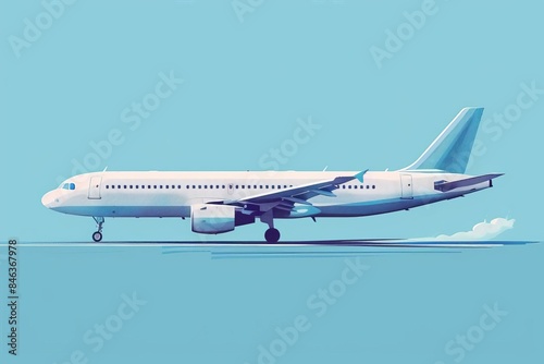 Wallpaper Mural The airplane is landing on the runway. The sky is clear and blue. The plane is white with blue and purple details. Torontodigital.ca