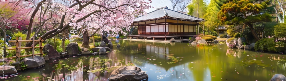 A scenic Japanese garden with a traditional wooden house, cherry blossoms, a pond, and lush greenery. A scenic Japanese garden with a traditional wooden house, cherry blossoms, a pond, and lush greenery.