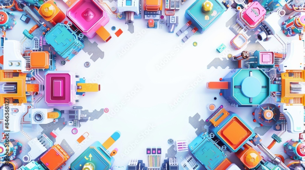 illustration of computer parts that form a copy space in the middle, design for technology-themed posters, banners, advertising