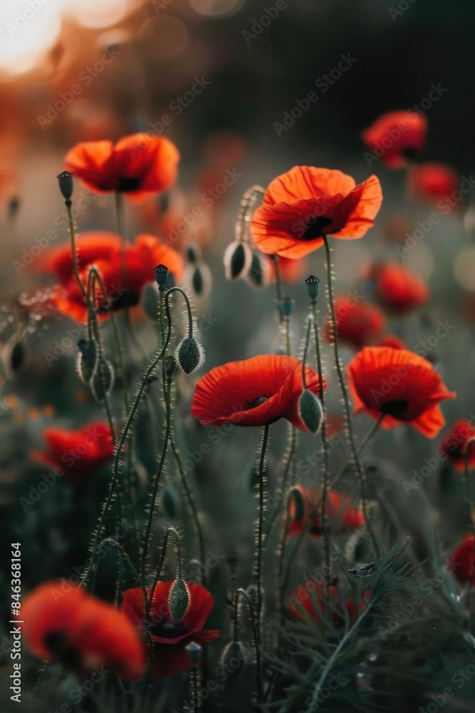Obraz premium A field of red poppies with the sun shining on them