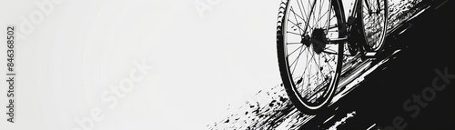 The image is in black and white. It is a close up of a bicycle wheel. The wheel is covered in mud. The background is white. The image is high quality and has a lot of detail.
