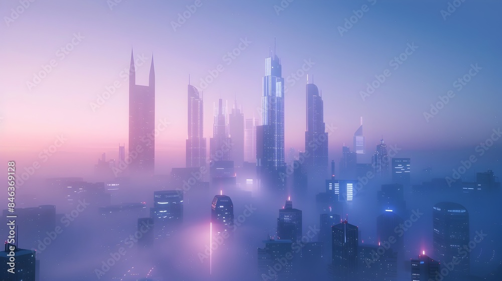 Ethereal Futuristic Cityscape at Dawn with Sleek Skyscrapers and Misty Horizon