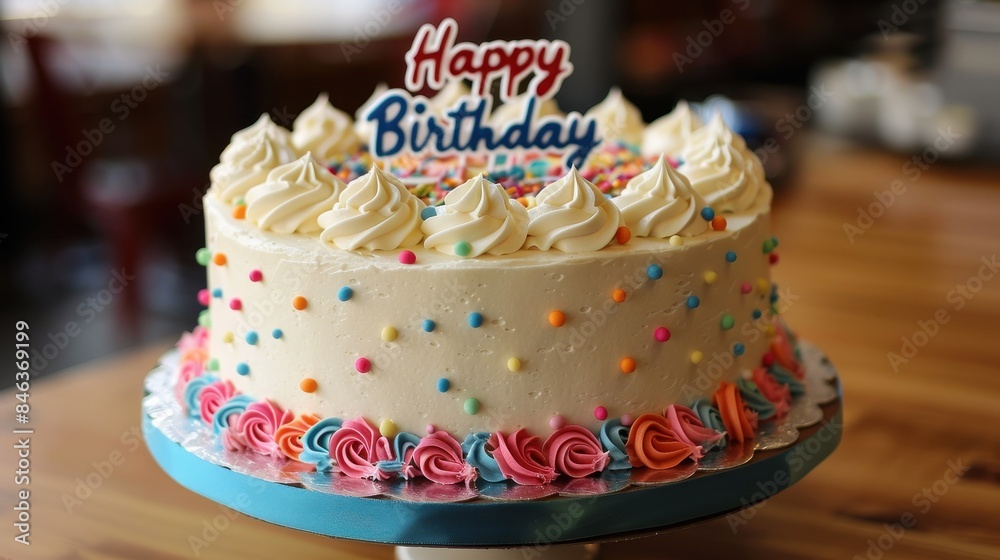 A colorful birthday cake with a happy birthday sign on top A colorful birthday cake with a happy birthday sign on top