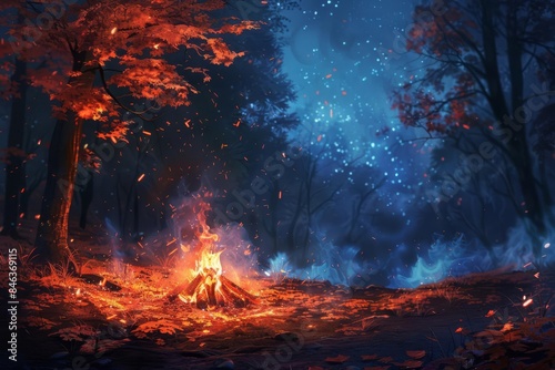 A surreal low-angle scene of a bonfire flickering in an autumn night, evoking a sense of enchantment and intimacy