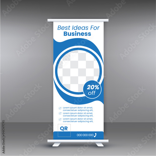 vertical roll up banner with round and semicircular design elements for the image.emplate vertical roll up banner with round and semicircular design elements for the image.. photo