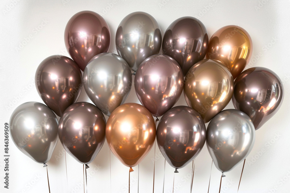 A cluster of balloons in metallic shades of platinum, bronze, and copper, arranged asymmetrically against a matte white background. A cluster of balloons in metallic shades of platinum, bronze, and copper, arranged asymmetrically against a matte white background.